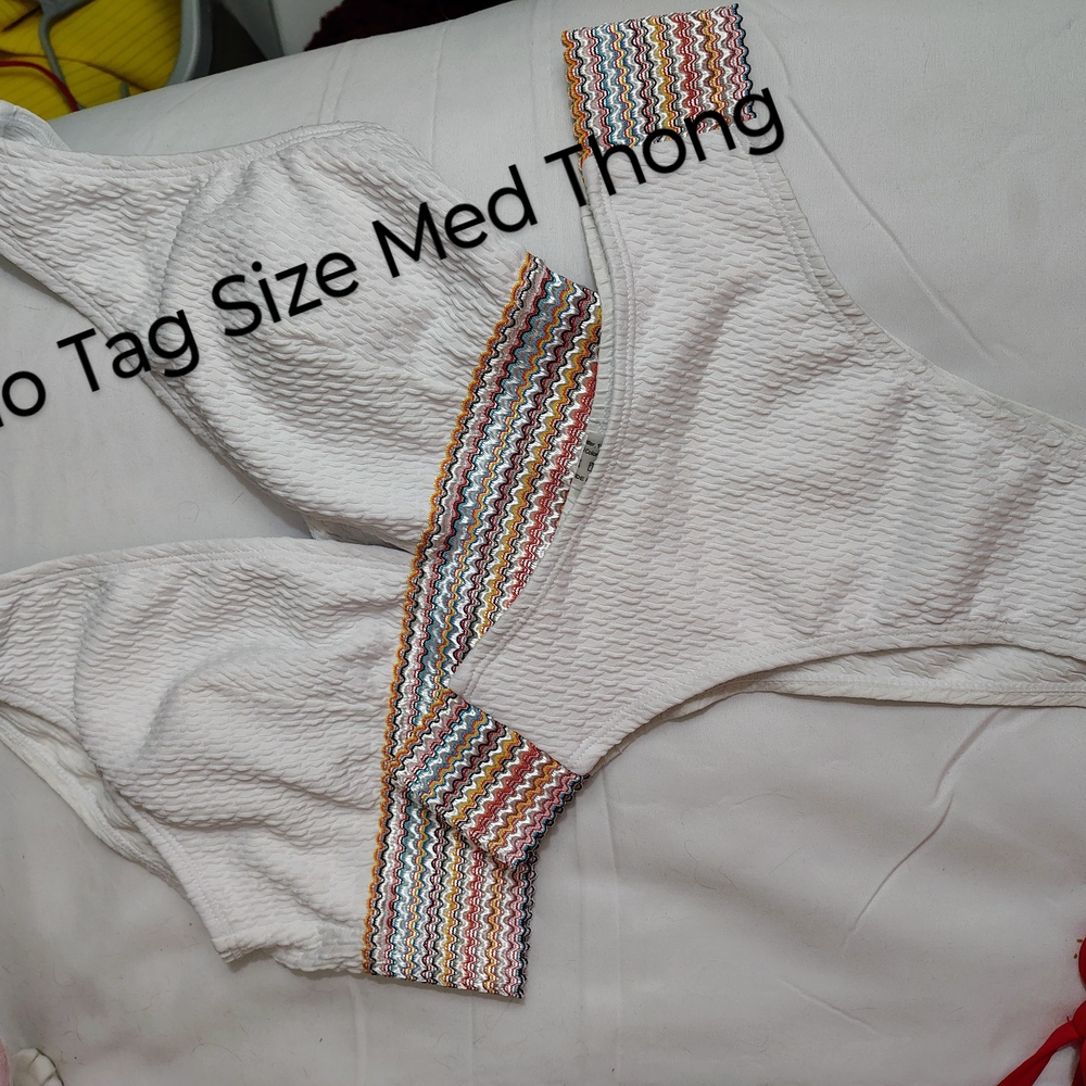 White Textured Thong with Multicolor Waistband